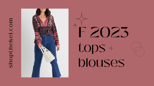 Pretty black and pink floral printed blouse and flare jeans. Fall Fashion Blouses 2023 Unveiled at ShoptheKei.com