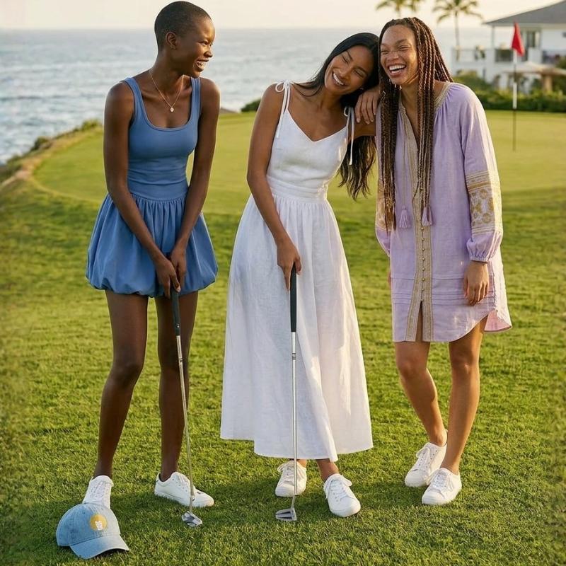 Three women on a golf course with golf clubs, smiling and posing for a photo.