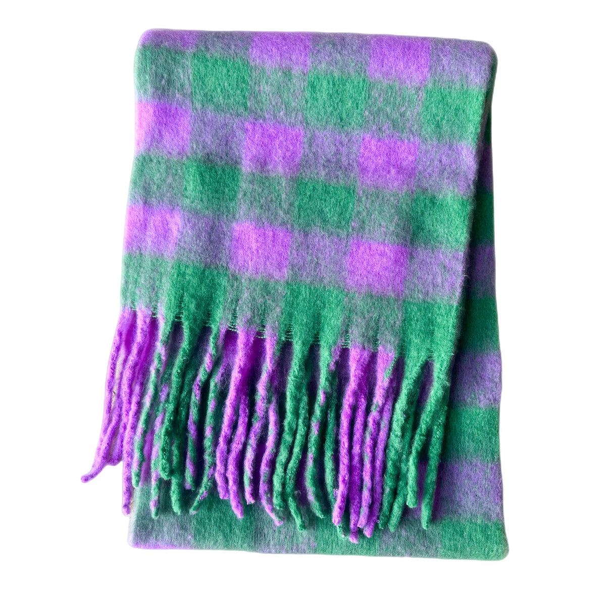 Cozy cashmere-blend purple and green plaid scarf with fringes