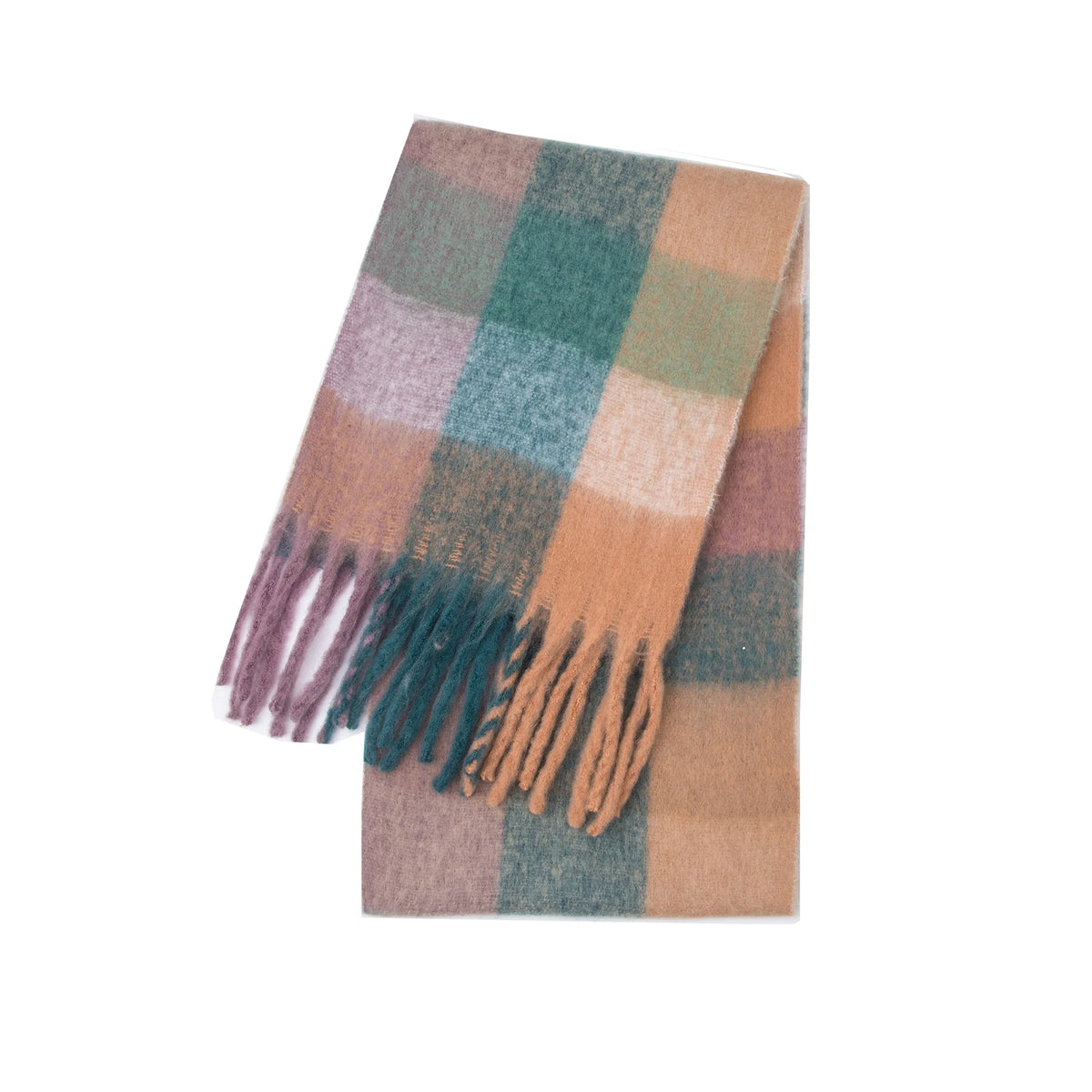 Cozy cashmere-blend sage, teal, caramel, and white plaid scarf with fringes