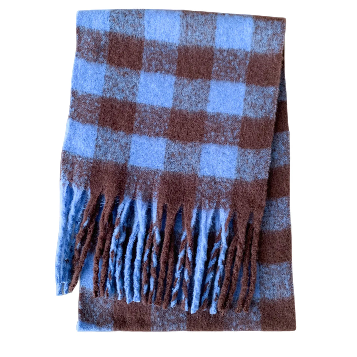 Cozy cashmere-blend Blue and brown plaid scarf with fringes