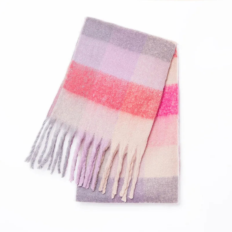 Cozy cashmere-blend lilac, coral, fuchsia, white, and pink plaid scarf with fringes