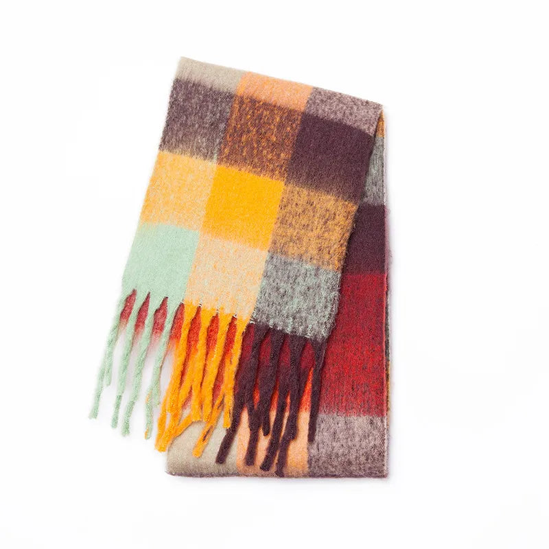 Cozy cashmere-blend mint, maroon, red, and yellow plaid scarf with fringes