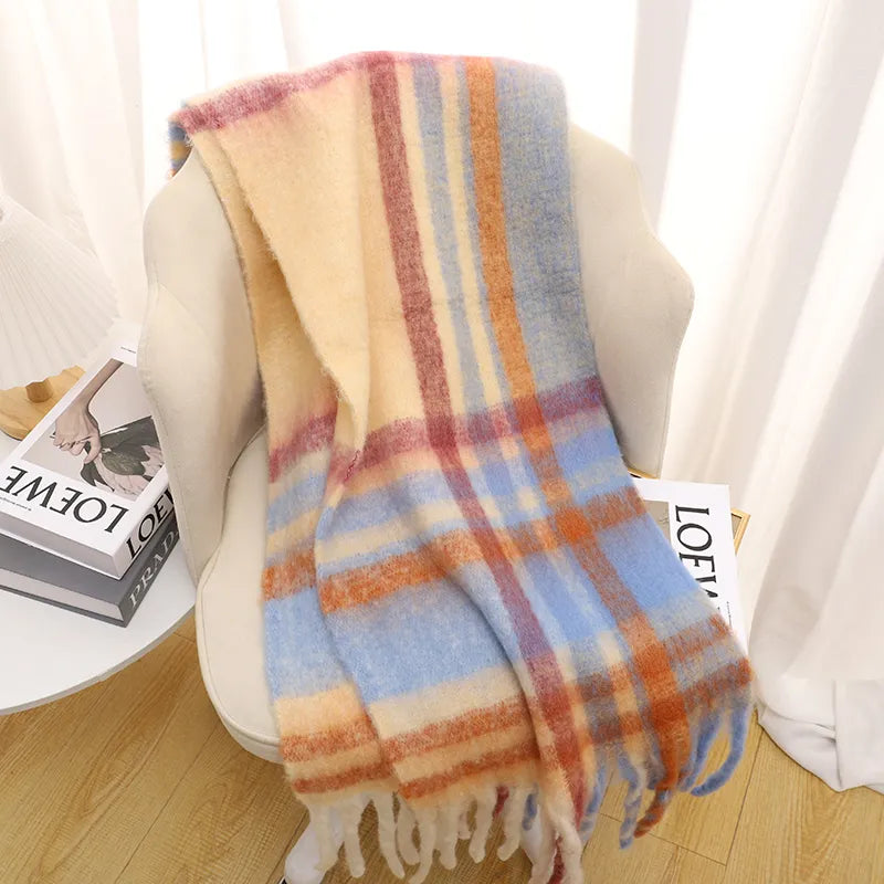 colorful cashmere plaid scarf draped over a chair