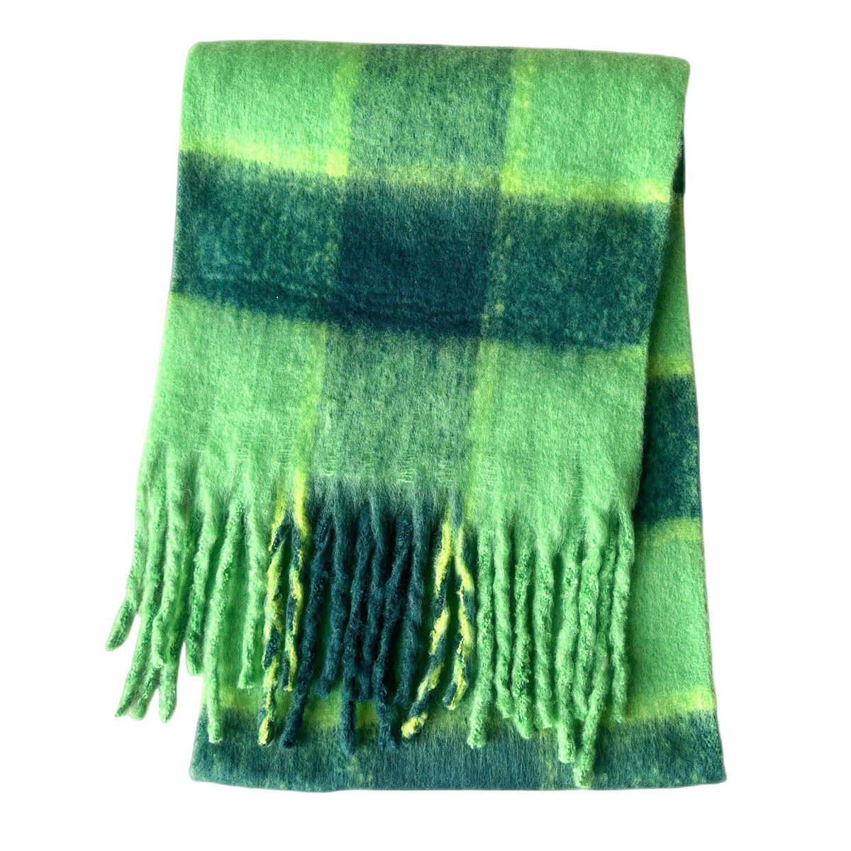 Cozy cashmere-blend forest, green, and citron plaid scarf with fringes