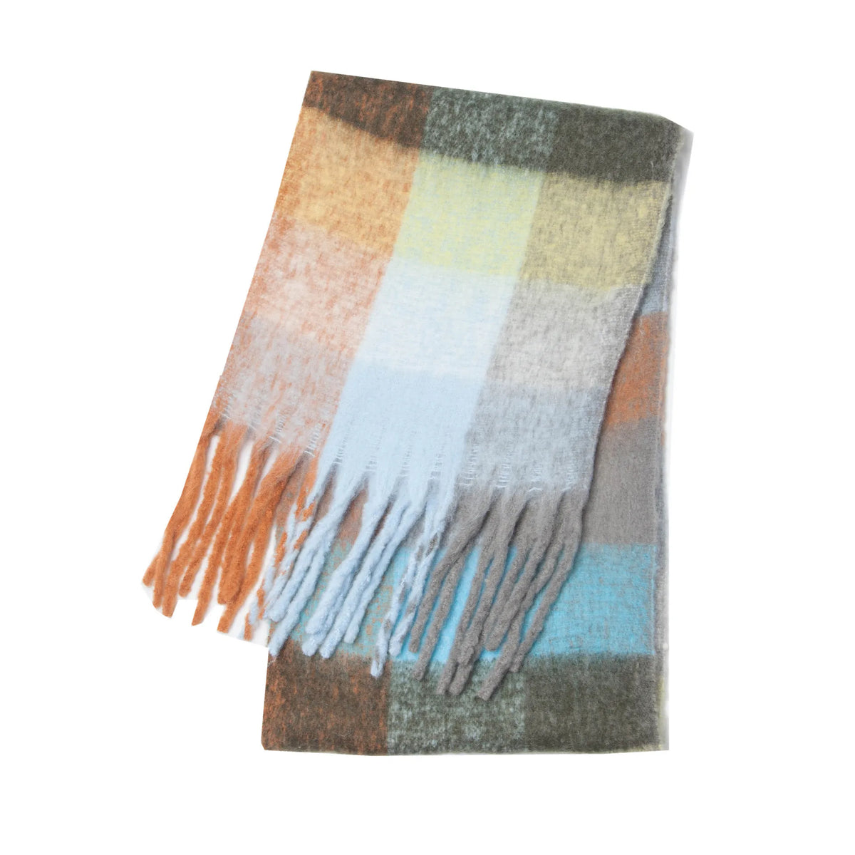 Cozy cashmere-blend winter blue, soft gray, amber, and pale green plaid scarf with fringes