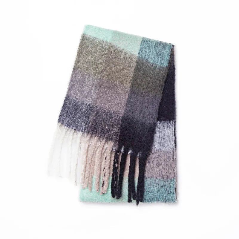 Cozy cashmere-blend mint, gray, taupe, and black plaid scarf with fringes