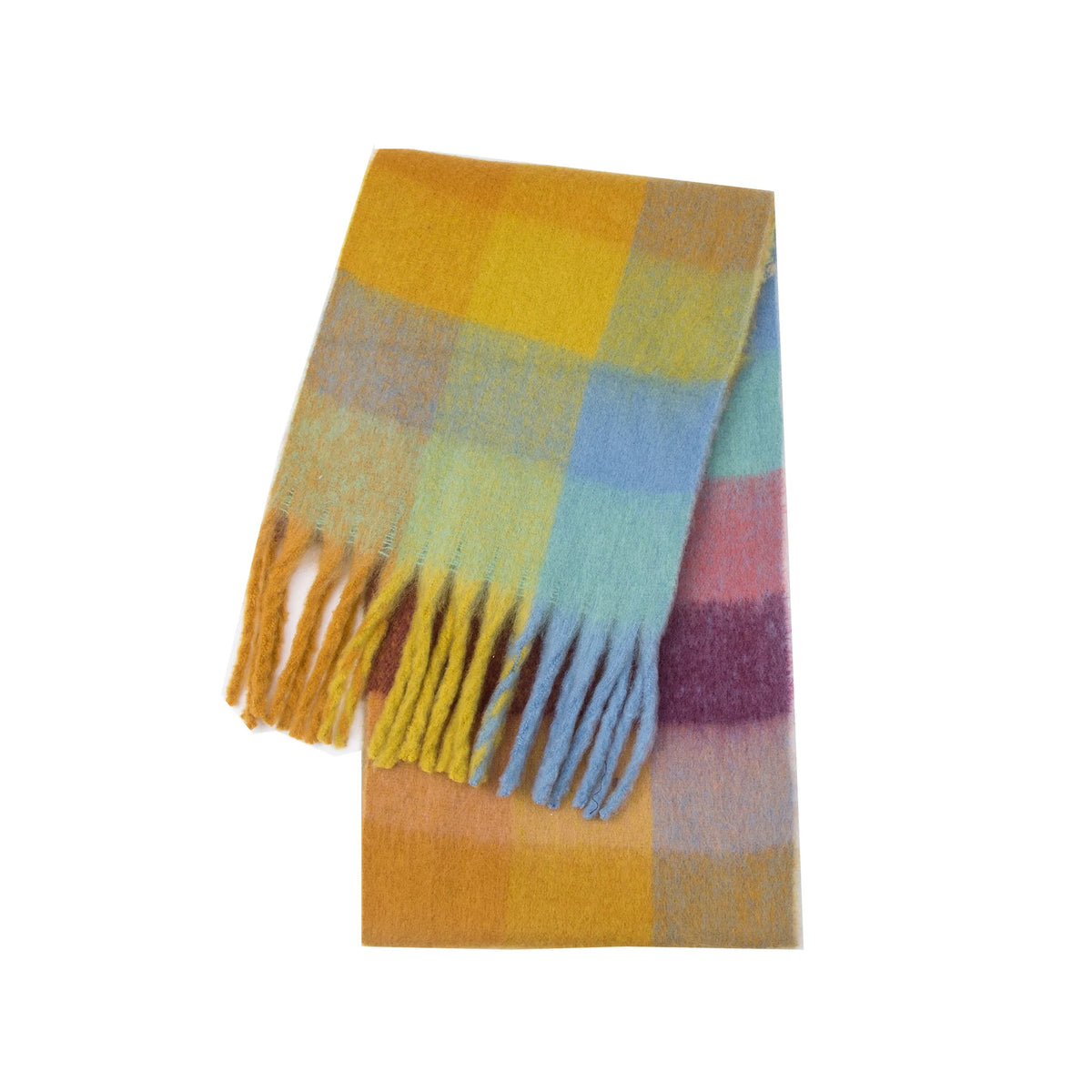 Cozy cashmere-blend Blue, mint, mustard, and yellow plaid scarf with fringes