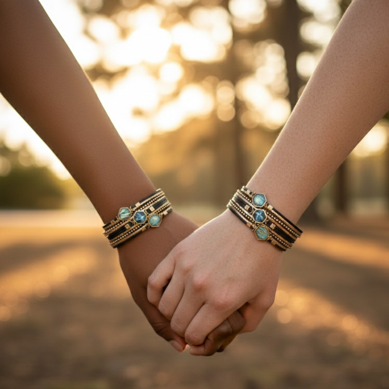 Two people holding hands at sunset, each wearing an Abalone Bracelet