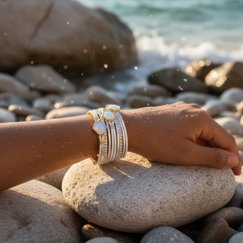 Wrist wearing a white Abalone Bracelet resting on a beach stone