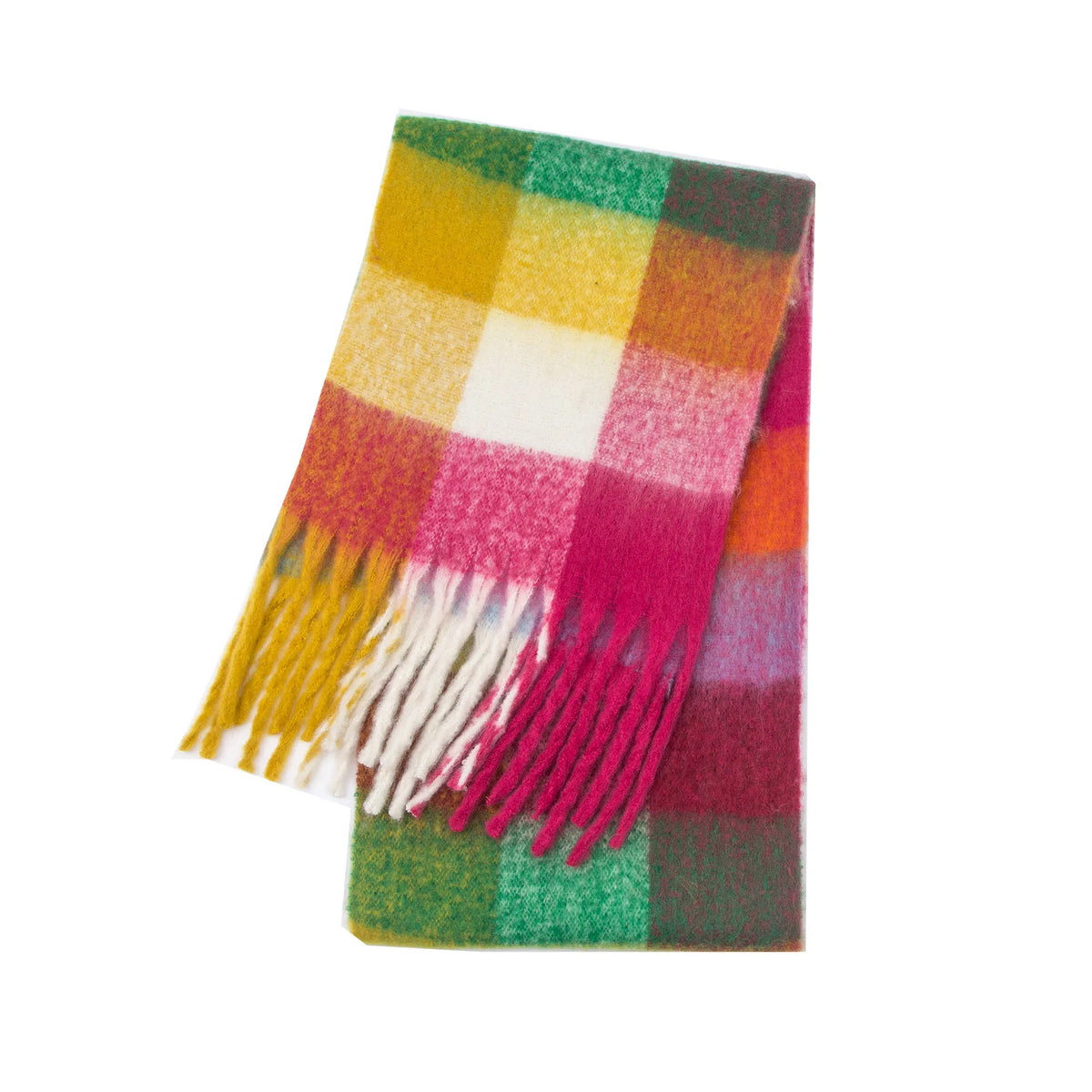 Cozy cashmere-blend green, fuchsia, mustard, orange, and white plaid scarf with fringes