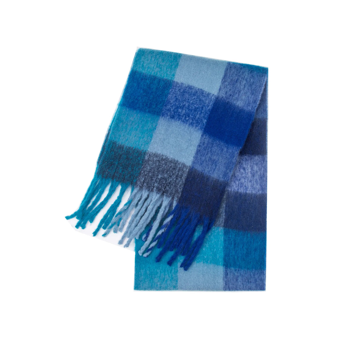 Cozy cashmere-blend Blue, denim, aqua, and Navy plaid scarf with fringes