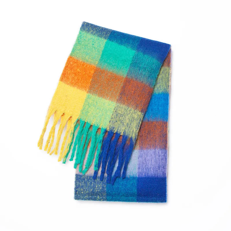 Cozy cashmere-blend Blue, teal, orange, and yellow plaid scarf with fringes