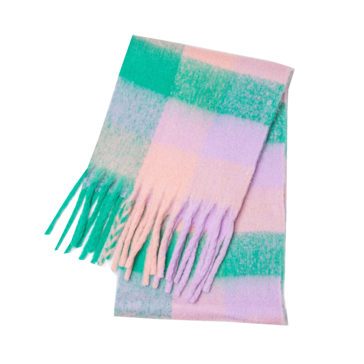 Cozy cashmere-blend bright green, lavender, peach plaid scarf with fringes