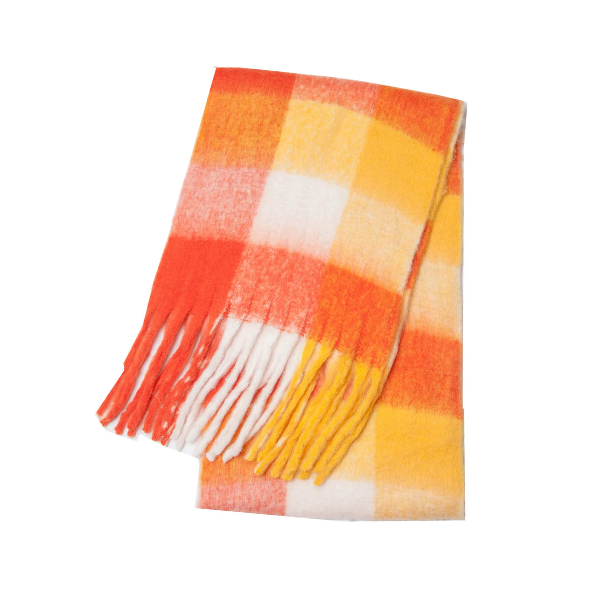 Cozy cashmere-blend white, orange, and yellow plaid scarf with fringes