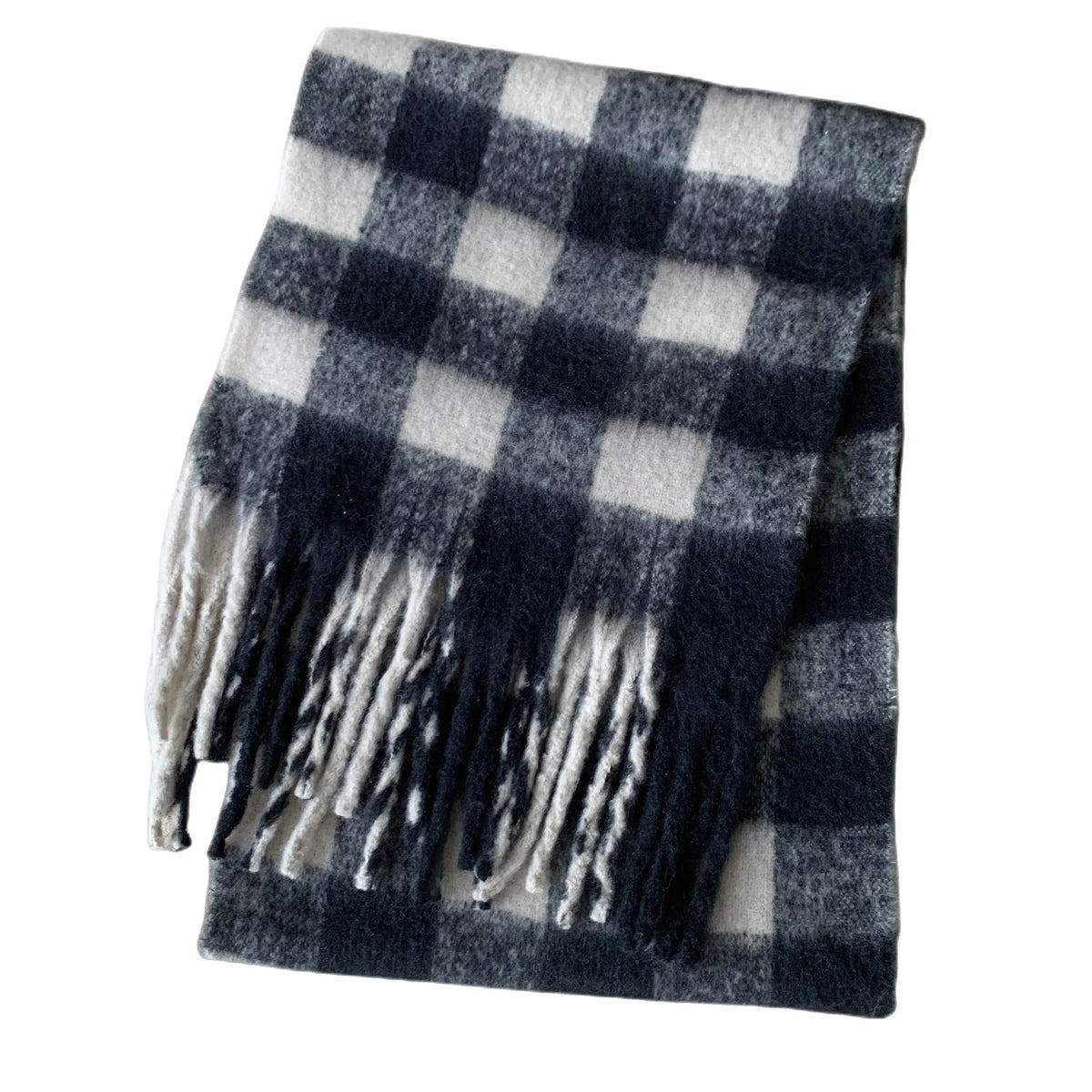 Cozy cashmere-blend black and white plaid scarf with fringes