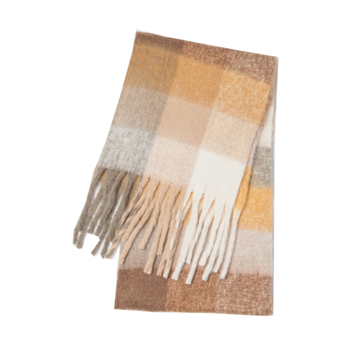 Cozy cashmere-blend brown, white, taupe, and caramel plaid scarf with fringes