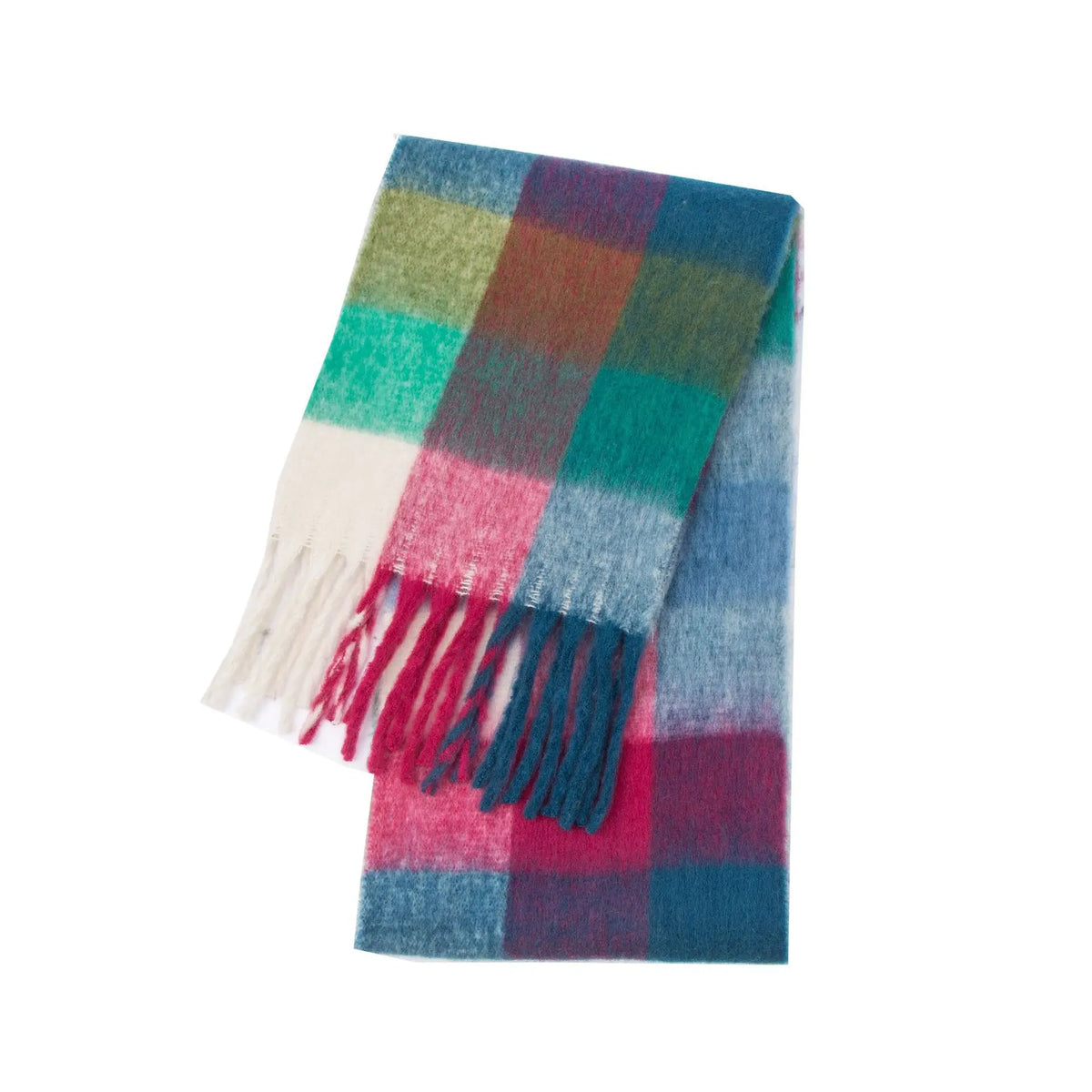 Cozy cashmere-blend Navy, teal, fuchsia, white, and olive plaid scarf with fringes