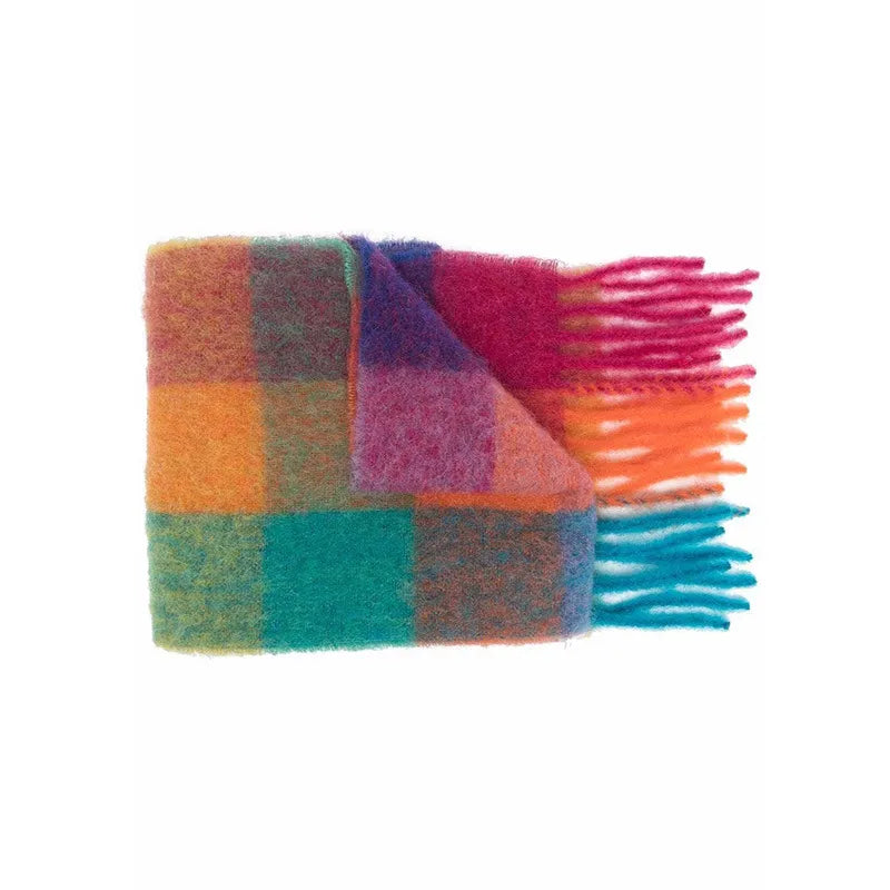Cozy cashmere-blend Cookie Monster blue, teal, orange, and fuchsia plaid scarf with fringes