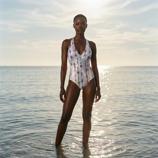 Woman in a white swimsuit standing in water with a sunset background