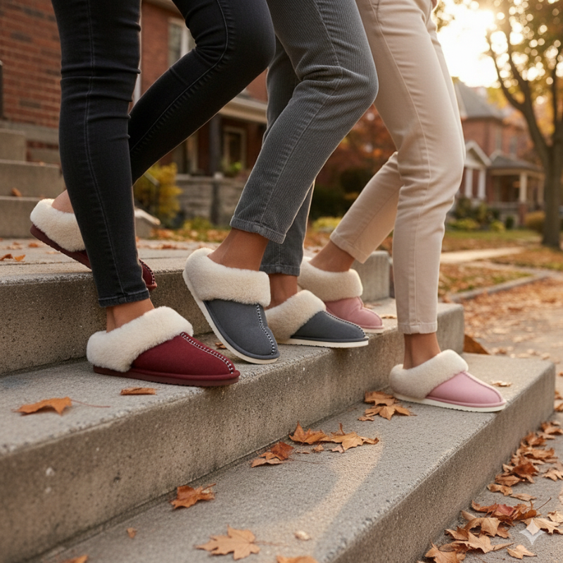 Three pairs of feet wearing colorful slippers on a set of concrete steps with autumn leaves.