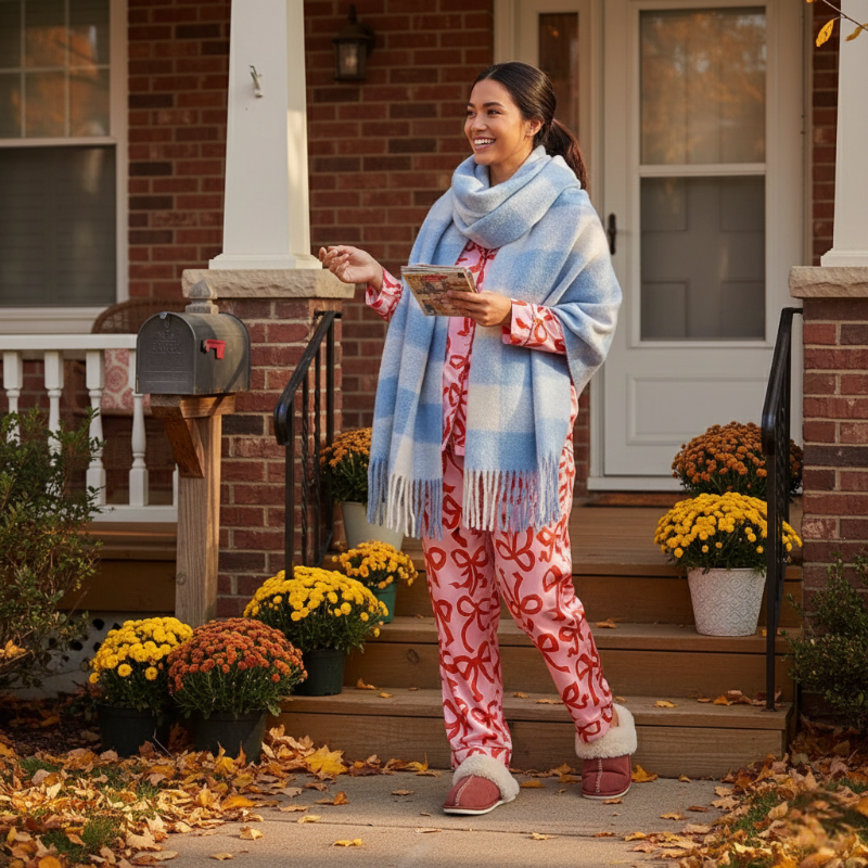 Woman standing on a porch with fall decorations, holding letters.