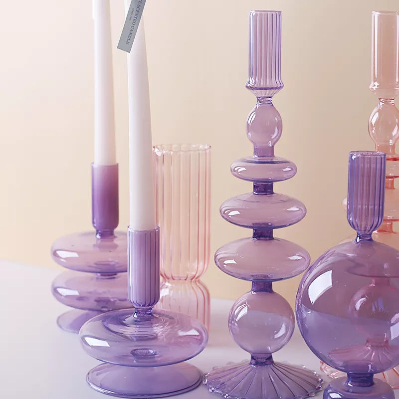 Roma Glass candlestick holders by Shop the Kei home treasure collection in various clear pink and purple shapes. Handmade modern-style colored glass candlestick holder, tall and elegant, perfect for home décor. Available in multiple unique designs