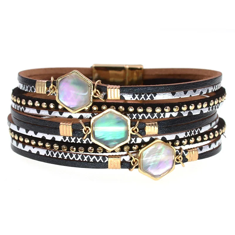 Abalone Bracelet in black with three pale shell stones