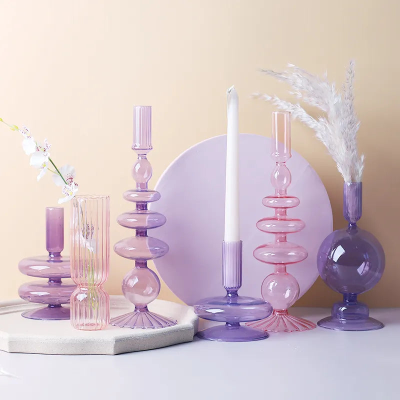 Roma Glass candlestick holders by Shop the Kei home treasure collection in various clear pink and purple shapes. Handmade modern-style colored glass candlestick holder, tall and elegant, perfect for home décor. Available in multiple unique designs