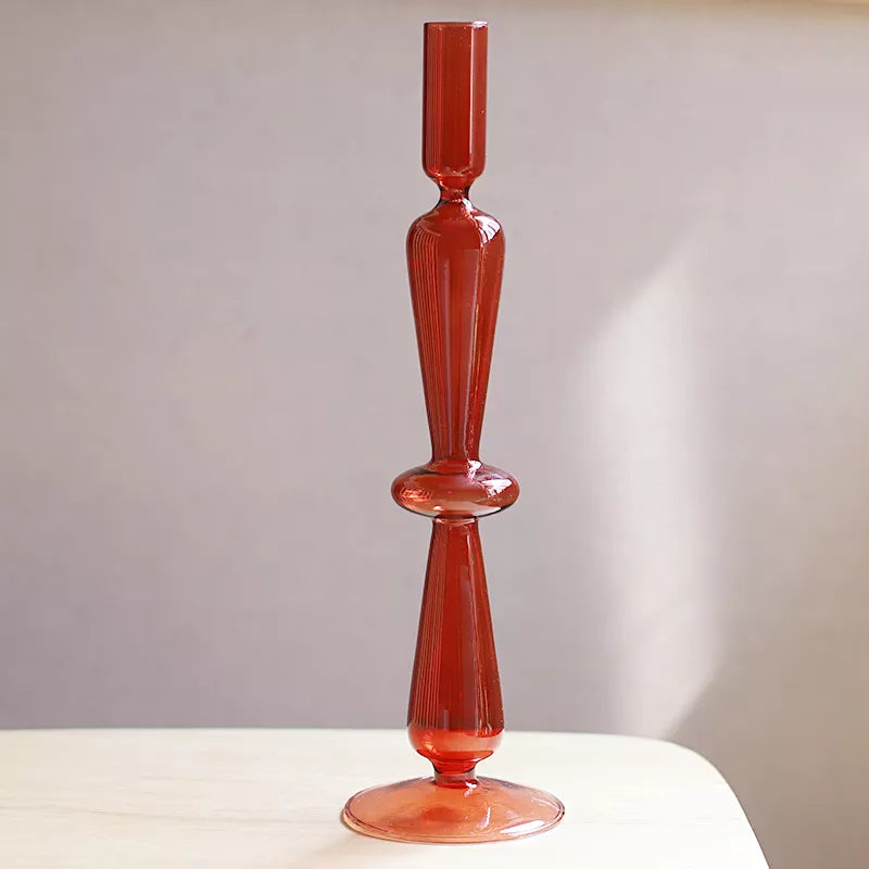 Roma Glass candlestick holders by Shop the Kei home treasure collection in clear red. Handmade modern-style colored glass candlestick holder, tall and elegant, perfect for home décor. Available in multiple unique designs