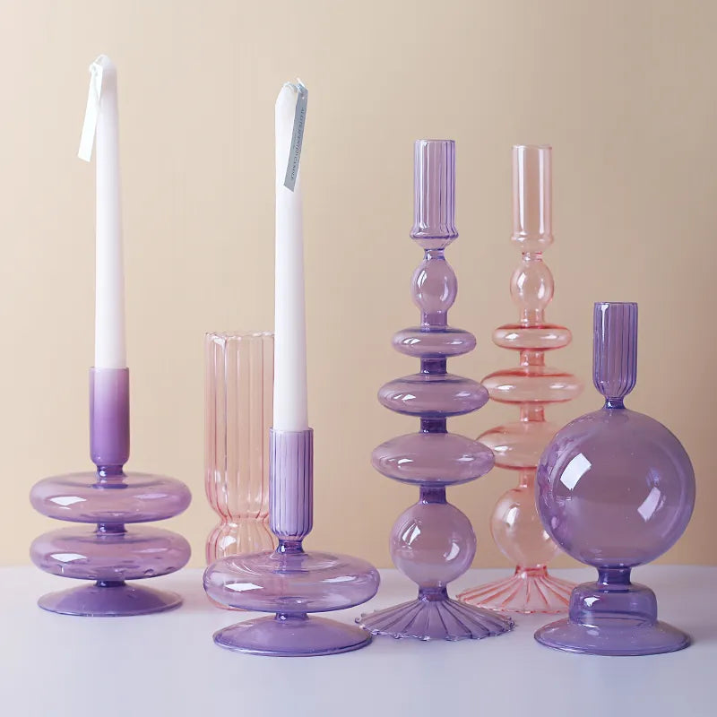 Roma Glass candlestick holders by Shop the Kei home treasure collection in various clear pink and purple shapes. Handmade modern-style colored glass candlestick holder, tall and elegant, perfect for home décor. Available in multiple unique designs