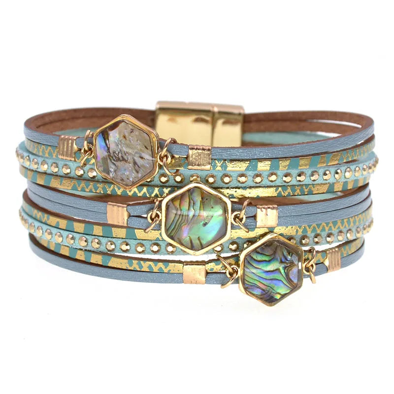 Abalone Bracelet in blue-grey with three hexagonal abalone shell stones