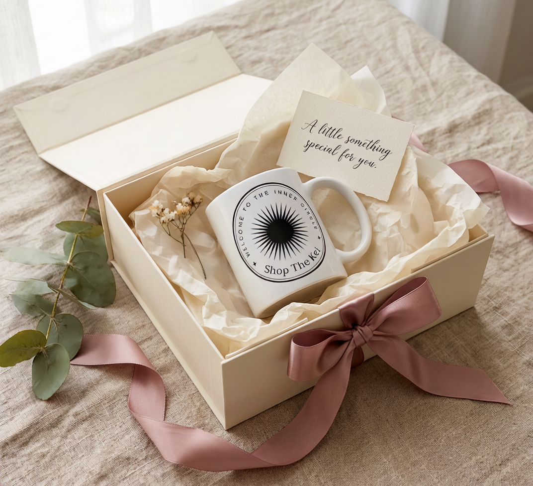 Inner Circle Mug in a cream gift box with tissue paper, dried flowers, a dusty rose ribbon and a handwritten card