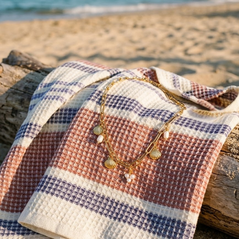 An Earthy PetalDry Bath Towel draped over a piece of driftwood at the beach, with a gold chain necklace featuring shell and pearl charms resting on top, waves in the background.
