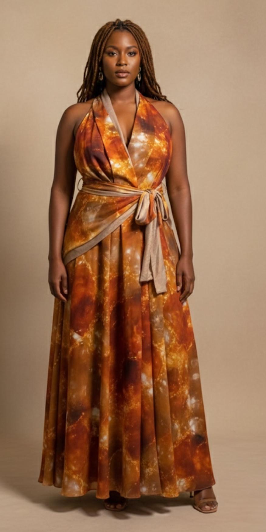 Woman wearing a long, patterned dress against a beige background
