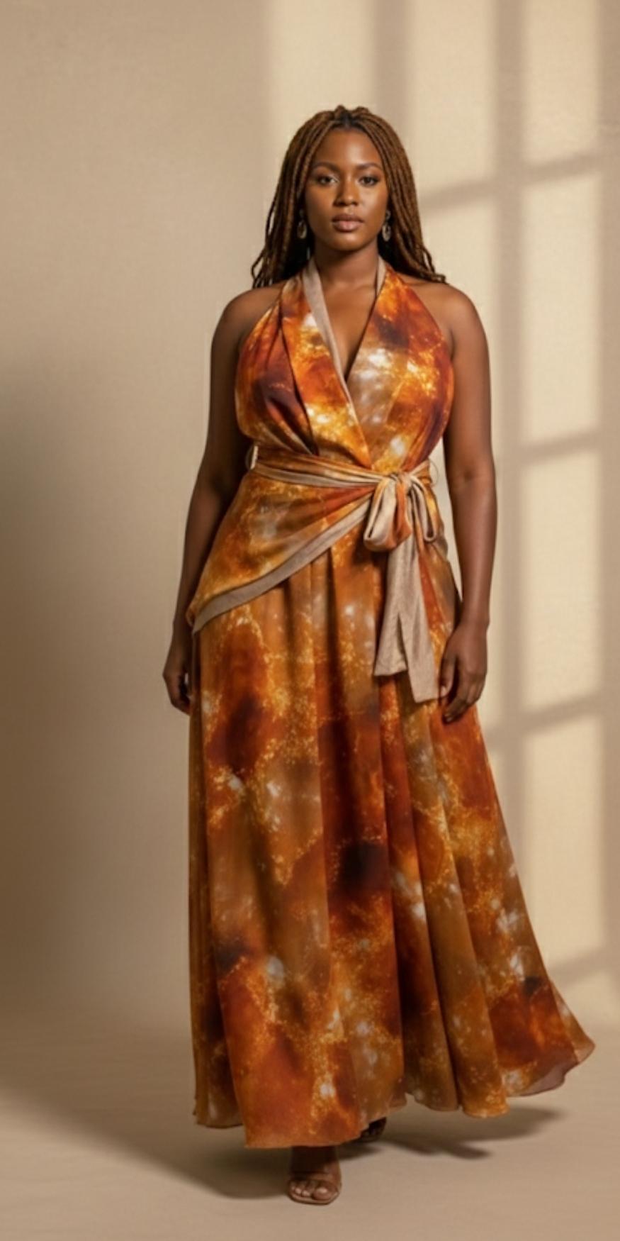 Woman wearing a long, flowing patterned dress against a neutral background