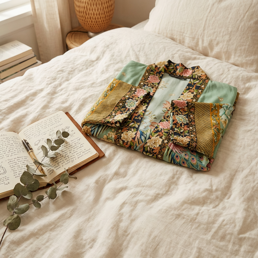Nyma Kimono in Peacock Floral folded on an ivory linen bed beside an open journal and a eucalyptus sprig