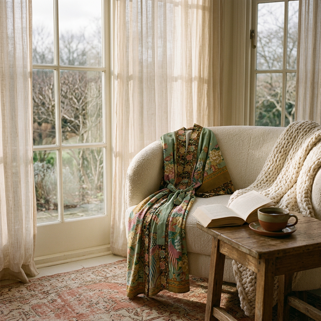Nyma Kimono in Peacock Floral draped over a cream armchair by a sunlit window, with a knit throw, book and tea