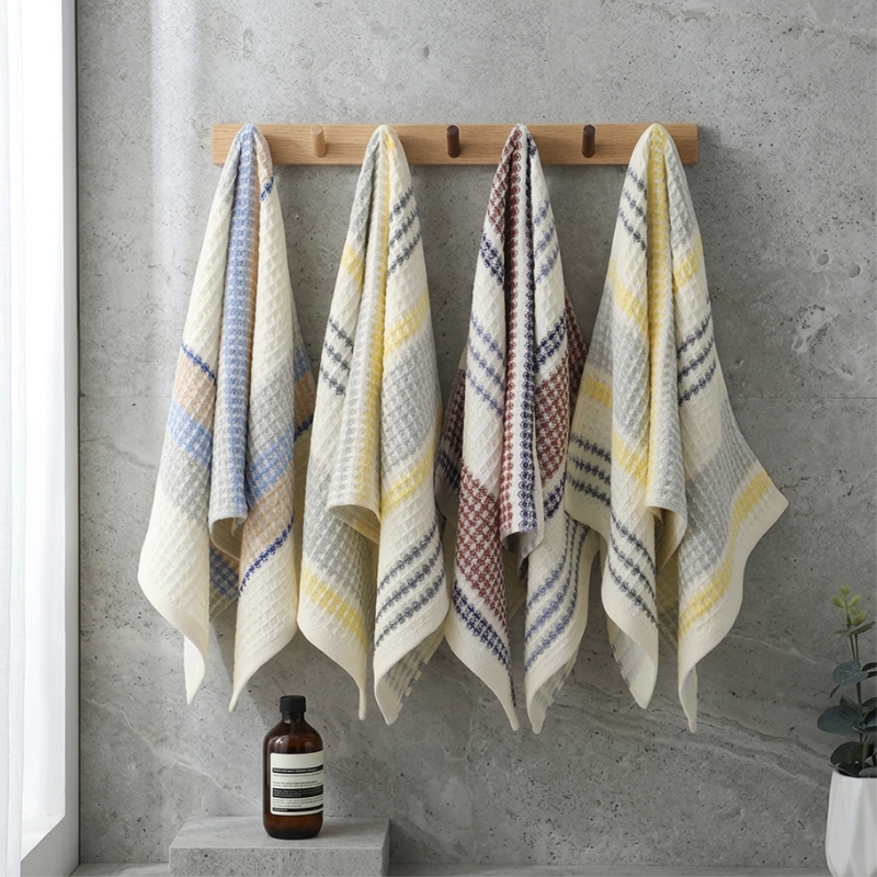 Four striped PetalDry Bath Towels hanging from a wooden peg rail against a concrete wall, styled with an amber apothecary bottle and a potted plant.
