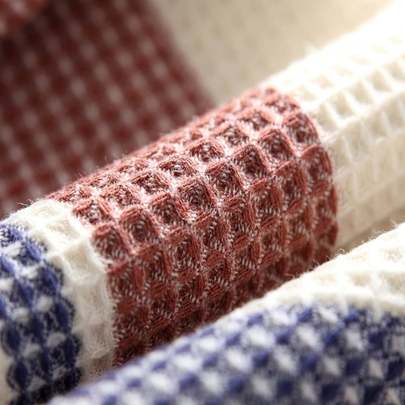 Close-up of the PetalDry Bath Towel's waffle-weave texture, showing the rust-red and navy striped border in detail.