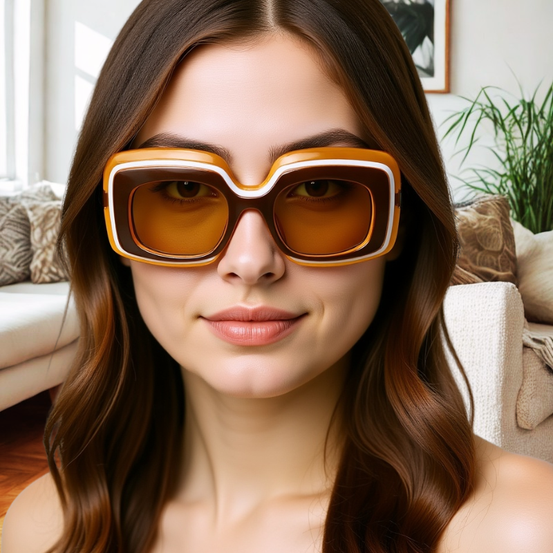 A model wearing Amber Retro Shades sunglasses, a warm brown and tan frame with amber-tinted lenses, styled in a cozy living room with plants and textured cushions.