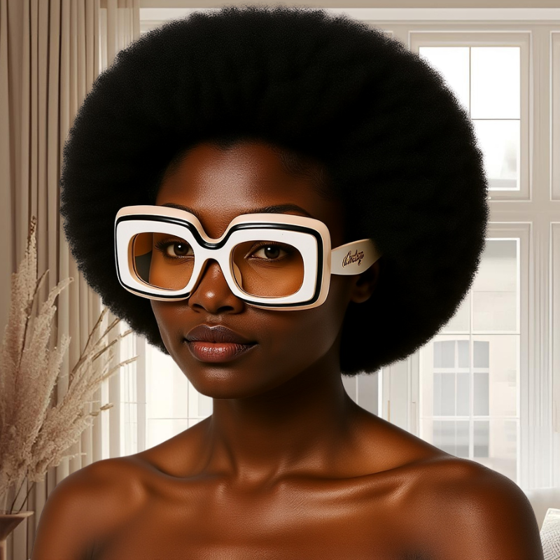 A model with a voluminous afro wearing Champagne Retro Shades sunglasses, cream and black frame with amber-tinted lenses, styled near a sunlit window with pampas grass.