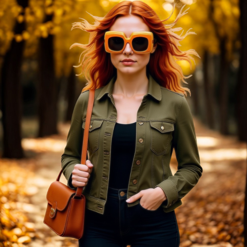A red-haired model wearing Citrine Retro Shades sunglasses while walking through a park in autumn, golden leaves swirling around her, styled with an olive jacket and a tan crossbody bag.