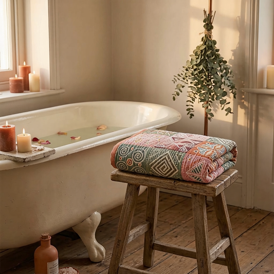 Runa Cotton Blanket in a bohemian patchwork print folded on a wooden stool beside a candlelit clawfoot bathtub