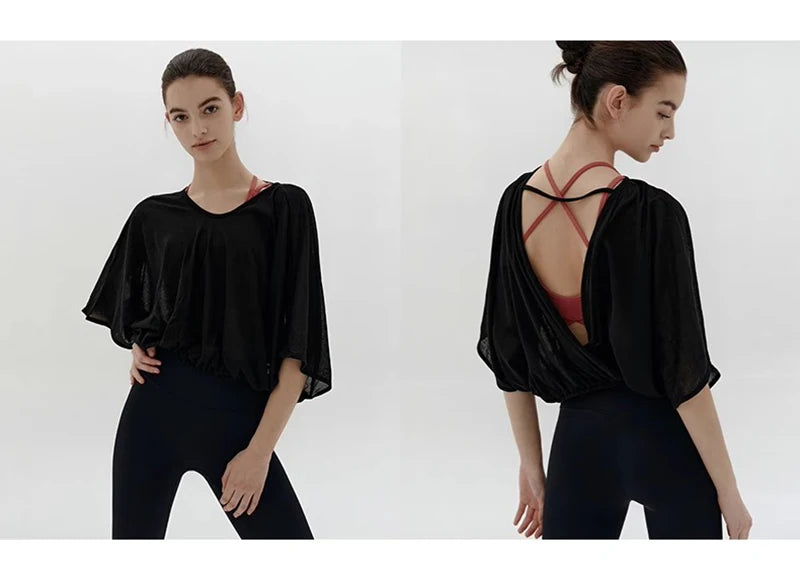 Veda Butterfly Top from Shop the Kei - front and back view of the black color option loose fitting soft and casual activewear top with short sleeves