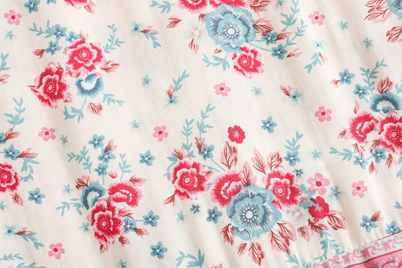 Birdie Summer Midi Skirt from Shop The Kei - red skirt closeup detail red and blue floral print pattern and natural fiber textile texture