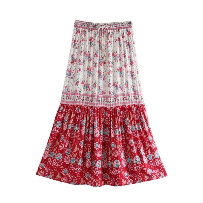 Birdie Summer Midi Skirt from Shop The Kei - red floral skirt with ivory border prints features red and blue flower pattern displayed on plain white background.