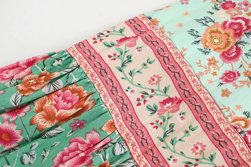 Birdie Summer Midi Skirt from Shop The Kei - mint skirt closeup detail of floral print pattern and natural fiber textile texture