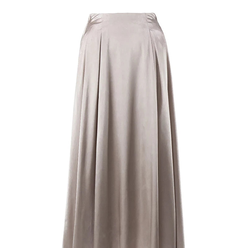Amber Satin Maxi Skirt from Shop the Kei - champagne satin circle skirt pictured on a white background