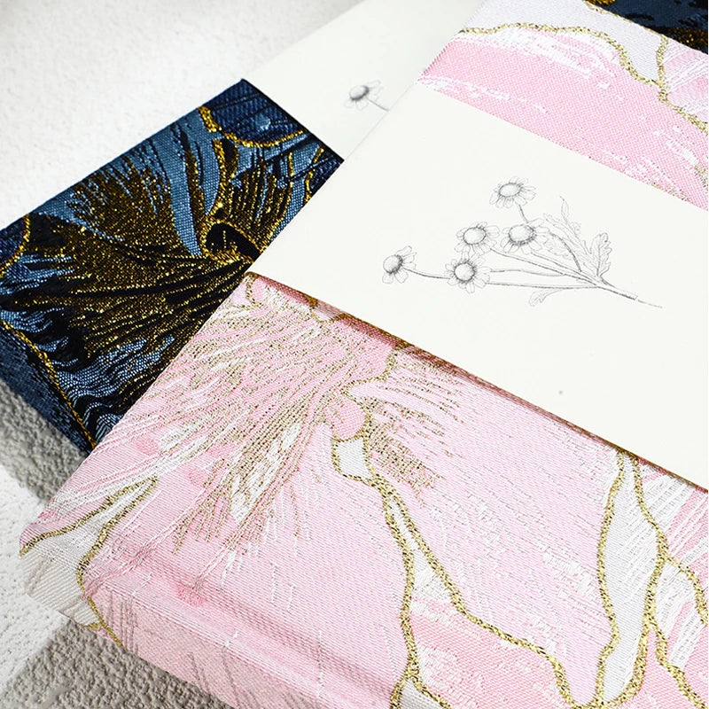 Close-up of the Sacred Travel Journal's embroidered jacquard floral fabric in Pink Quartz, Lapis Lazuli, and Onyx